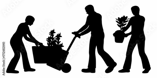 Gardening team working together planting flowers, perfect for home and lifestyle decor projects