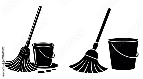 Cleaning tools vector – mop and bucket with water, housekeeping equipment, janitorial supplies, hygiene maintenance, sanitation and floor care design icon
