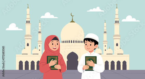 Children holding Quran in front of mosque.