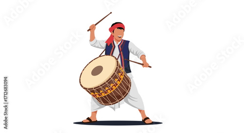 Man playing Dhol drum during festival celebration.