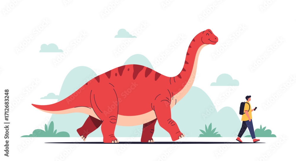 Naklejka premium Giant Red Dinosaur Walks Beside a Person with a Backpack.