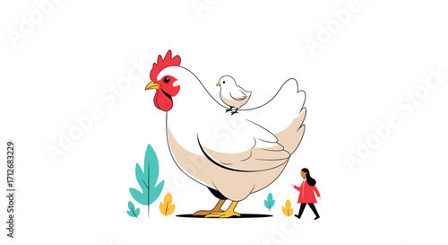 Giant chicken with chick and tiny person in nature.