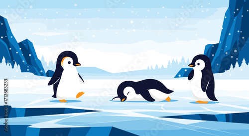 Three cute penguins on an icy landscape with snow falling.