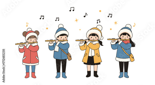 Children playing flutes in winter clothes with music notes.