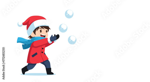 Boy in Santa Hat Playing Snowball Fight.