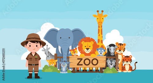 Cute Zoo Animals and Zookeeper Illustration.