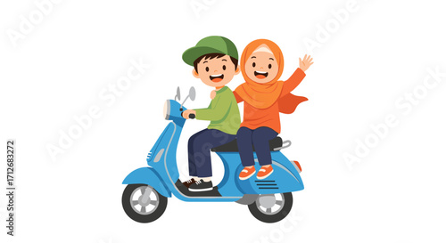 Happy Muslim couple riding a blue scooter together.