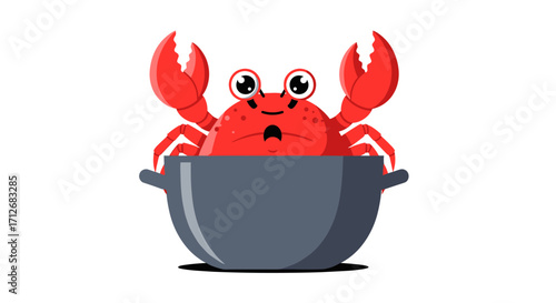 Scared Crab in a Pot Cartoon Illustration.