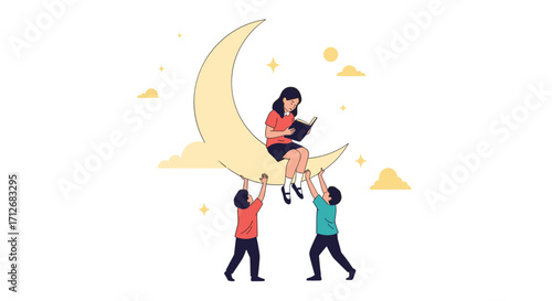 Children holding up a woman reading on a crescent moon.