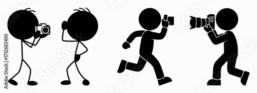 Stickman photographer icon vector set – simple human figures holding cameras, taking photos, capturing moments, creative photography design element