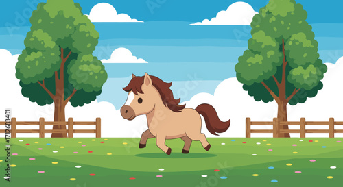 Cute Cartoon Pony Horse Running in a Green Field.
