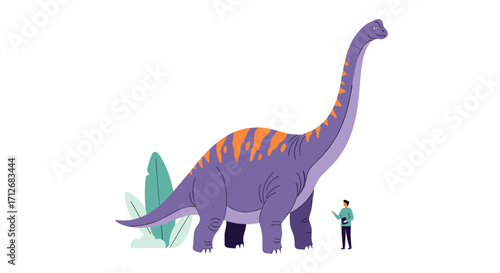 A giant purple dinosaur stands next to a small person.