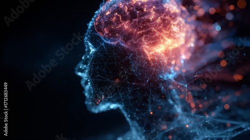 a digitally rendered human profile emerges from a nebula of glowing particles and interconnected lines, symbolizing the complexity of thought and artificial intelligence.
