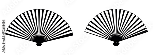 Traditional hand fan vector illustration set – elegant folding paper fans, cultural decorative accessory, cooling design element in black silhouette