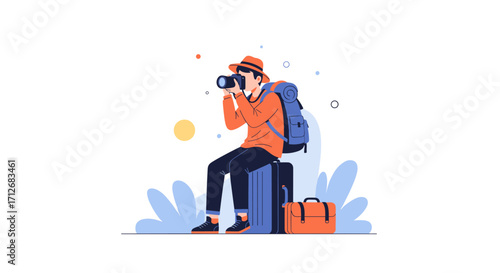 Traveler with camera and luggage on a trip.