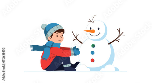 Boy Building a Snowman in Winter Season Fun Activity.