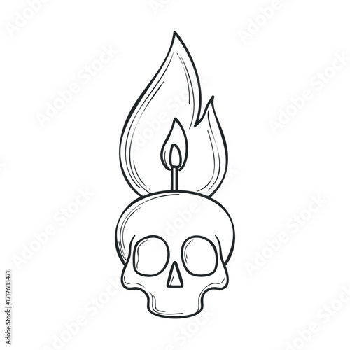 Candle flame on skull for Halloween decoration and events. Vector line illustration