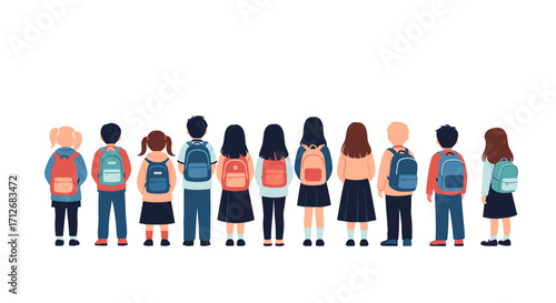 Diverse group of schoolchildren standing together with backpacks.