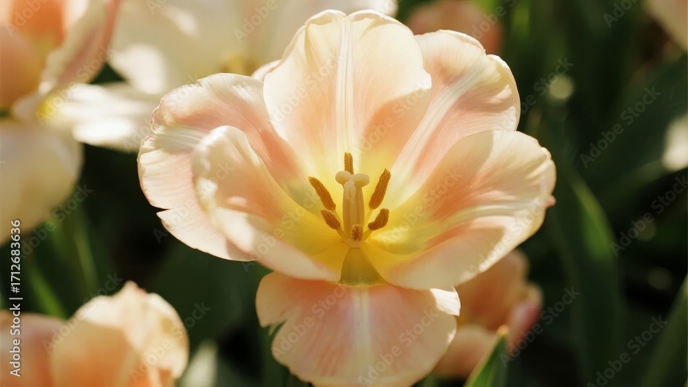 Fototapeta premium Close-up of a pale peach tulip with soft petals and yellow center, surrounded by green foliage in a garden setting.