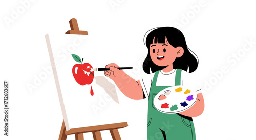 A young girl happily painting an apple on a canvas.