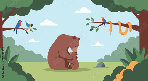 Mother Bear Hugging Cub in Forest with Birds and Snake.