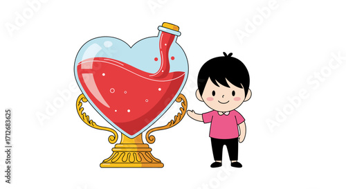 Cute Boy With Heart Shaped Trophy Full Of Red Liquid.