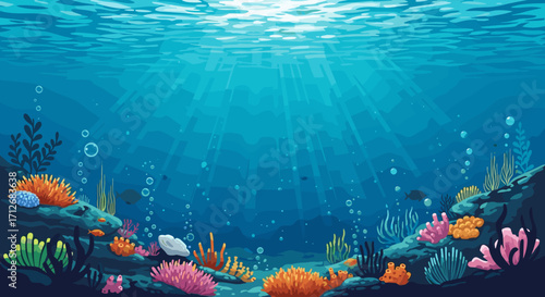 Underwater coral reef scene with sun rays and bubbles.