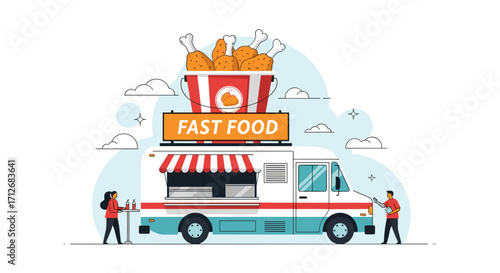 Fast food truck serving fried chicken and drinks.