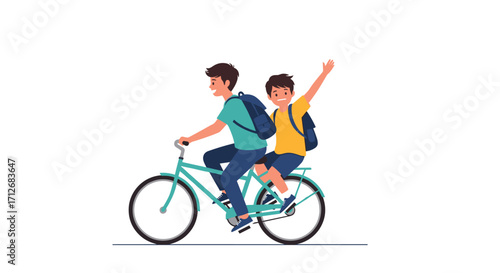 Two boys riding a bicycle together with backpacks.