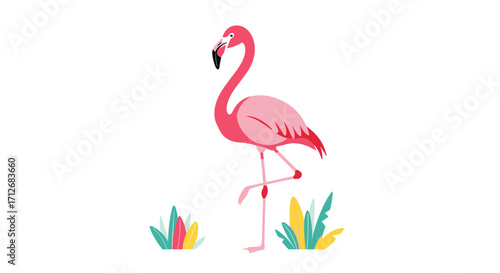 Pink Flamingo Standing on One Leg with Colorful Plants.