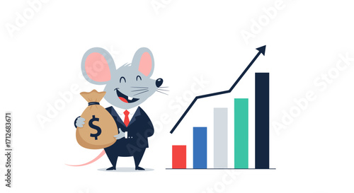 Cartoon Mouse Businessman Holding Money Bag with Growing Financial Graph.