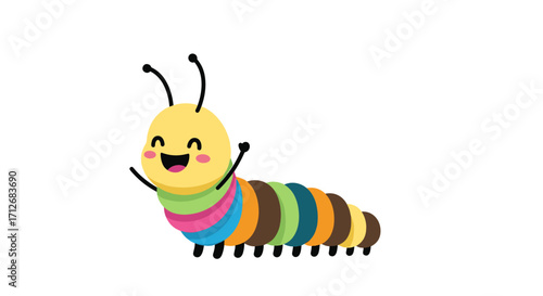 Cute cartoon caterpillar with colorful segments and happy face.