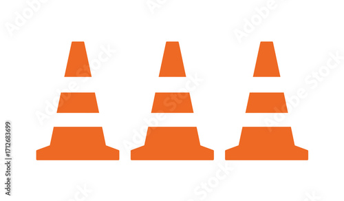 Three orange traffic cones arranged in a row for road safety construction and traffic control purposes isolated. isolated on white background