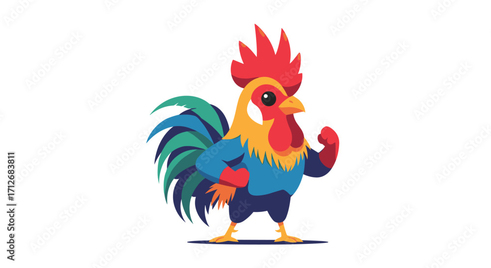 Fototapeta premium Cartoon Rooster Standing Strong with Flexed Arm.