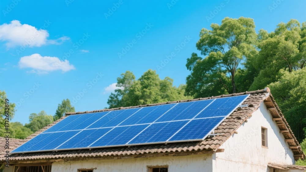 Fototapeta premium Solar panels installed on the roof of a rural house surrounded by green trees under a clear blue sky
