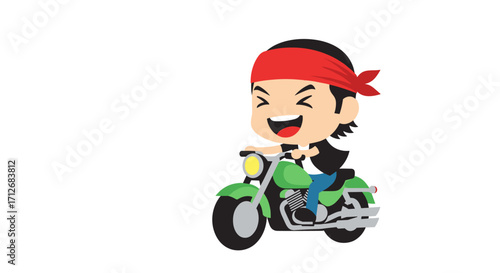 Cartoon man riding a green motorcycle with red bandana.