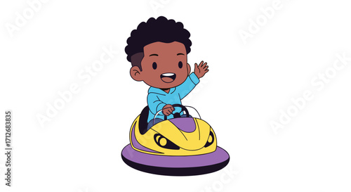 Happy young boy waving while riding a bumper car.