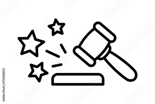 A court gavel strikes a wooden block, surrounded by sparkles, symbolizing excitement or celebration in a legal setting. This scene reflects the importance of law