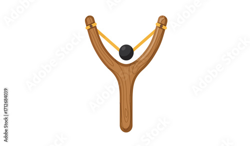 Classic wooden slingshot with dark projectile ready for action toy childhood fun outdoor activity rustic charm isolated on white background