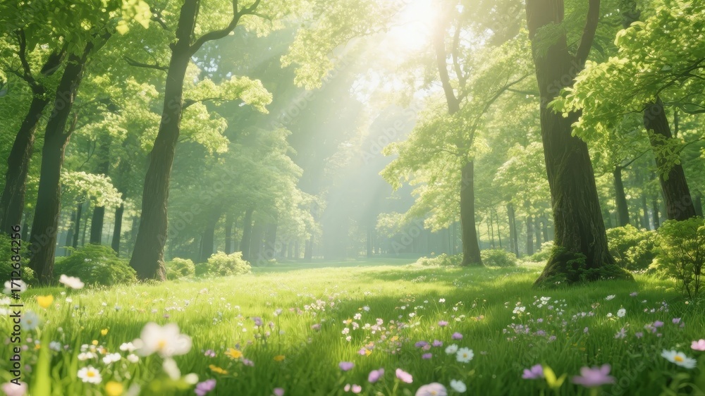 Obraz premium Sunlight filtering through tall trees in a vibrant green forest meadow filled with wildflowers