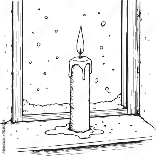 Candlelight in Winter: A single candle casting a warm, inviting glow, set within a window frame overlooking a tranquil winter landscape. The image symbolizes peace, solace.