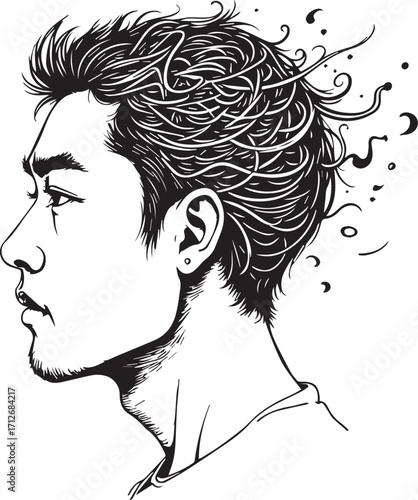 Mind's Eye: A striking portrait of a person profile, depicting a man's intricate hairstyle that merges with abstract elements symbolizing thought and contemplation.