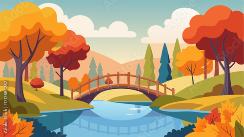 A tranquil pond reflecting the brilliant colors of autumn with a picturesque bridge crossing over and inviting visitors to take a peaceful walk.