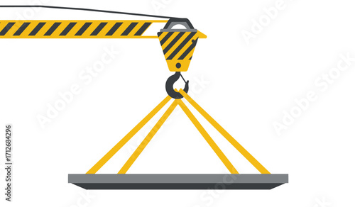 Heavy duty crane hook lifting industrial construction material load with yellow straps and safety stripes isolated on white background