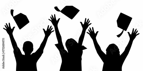Graduation celebration with joyful students tossing caps in the air, success and achievement, black silhouette