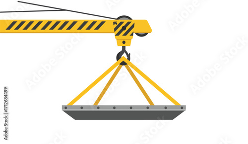 Heavy duty yellow crane lifting rectangular object with industrial hook and cable assembly for construction and logistics isolated on white background