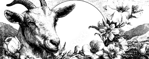 Alpine goat in vintage floral frame with mountains for banner design