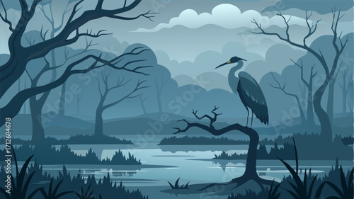 In the distance the silhouette of a lone heron can be seen perched upon a gnarled tree branch adding to the overall intrigue of the misty swamp.
