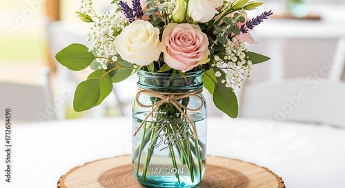 Rustic Floral Centerpiece in Mason Jar on Wood Slice.