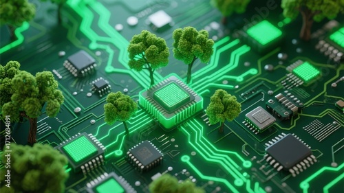 Circuit board with green trees growing on electronic components, symbolizing technology and nature integration